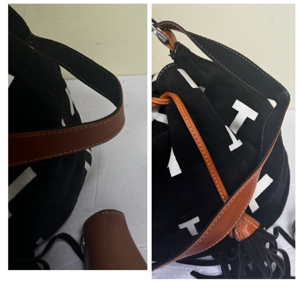 Tod’s T Logo Tassels Bucket Hobo Bag Leather Camel Suede Drawcord Luxury Preppy - Picture 13 of 16